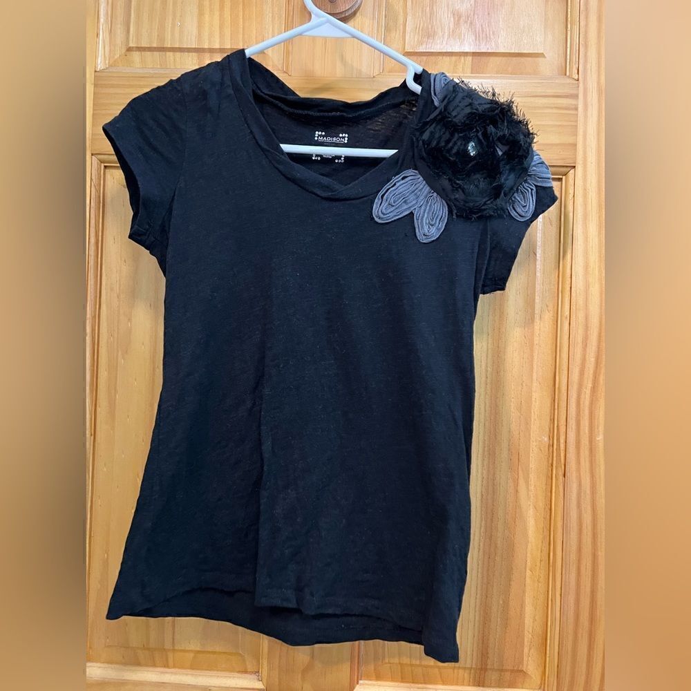 Madison size M black flower embellished blouse with rhinestones